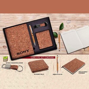 Cork 4 pc set: Cork notebook with Wallet, bamboo pen and keychain