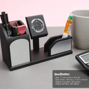 Black Pen Stand & Card Holder with Clock