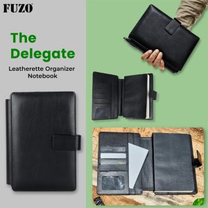 Leatherette Organizer NotebookNon-Dated A5 Sized NotebookInner Pages 96 SheetsPaper Quality: 70 GSMPen Loop, Cards & Document PocketsPackaging: Polybag