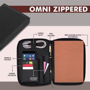 Zippered Work Folder with Notebook | Pockets for Cards, Phone, Pen, Cables