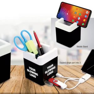 USB Hub with Tumbler & Logo Highlight | 3 USB Ports | With mobile stand