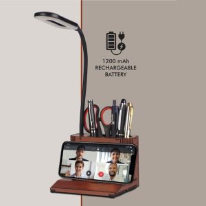 Wooden 3 step Dimmer Lamp With Glowing Multicolor Logo plate & Phone stand | Rechargeable 1200 mAh battery | Type C input