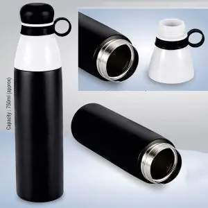 Double cap Vacuum bottle in metallic finish with carry loop