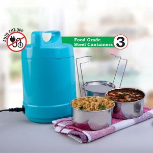 Electro Steel: 3 container electric steel lunch box with Auto cut function
