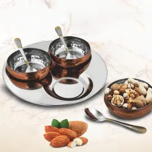 7 pc Copper finish Snack set | 3 Snack bowls with spoons & Serving tray