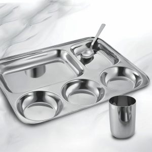 Platter: Stainless Steel Compartment plate with Premium glass and spoon | Set of 3