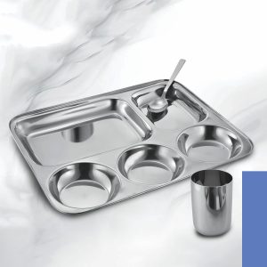 Stainless Steel Compartment Plate with Premium Glass & Spoon | Set of 3