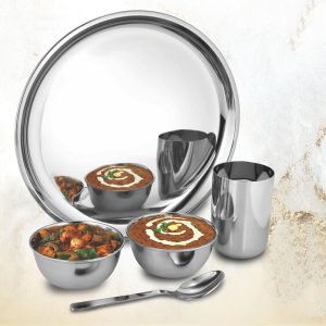 5 pc Stainless Steel Dinner set | Set of 1 Plate, 2 bowls, 1 glass and 1 spoon