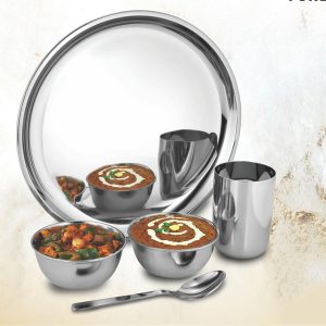 5 pc Stainless Steel Dinner Set | Set of 1 Plate, 2 bowls, 1 glass and 1 spoon
