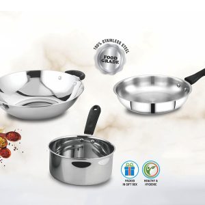 Kitchen King: Set of Large Sauce Pan, Frying Pan and Kadhai in Gift box | Made of Stainless Steel