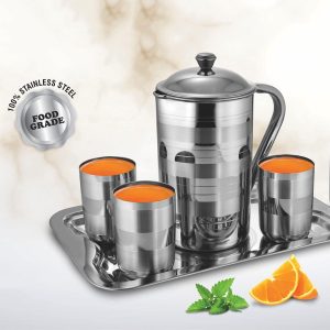 Juice Set: Stainless Steel serving Jug with 4 Premium glasses and Serving Tray