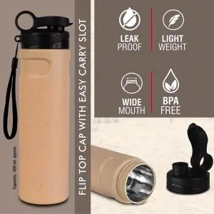 Insulated Straight Steel bottle with Rice husk outer body | Flip top cap with easy carry slot