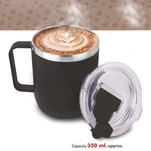 Oscar: Stainless Steel coffee mug with handle | Premium clear cap with flip top lid | Leak Proof | Capacity 350ml approx