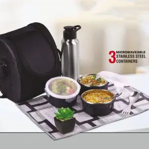 PIK-KIT: All in 1 Lunch box with 3 Microwaveable SS containers | Contains SS bottle, Fork, Spoon, Tablemat, Premium Bag