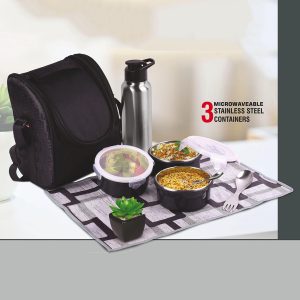 PIK-KIT: All in 1 Lunch box with 3 Microwaveable SS containers | Contains SS bottle, Fork, Spoon, Tablemat, Premium Bag