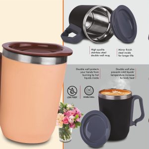 Foggy+ Stainless Steel coffee mug with Carabiner Handle | Leak Proof Cap | Capacity 350ml approx