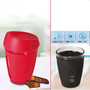 Premia II: Glass mug with Full Silicon Sleeve & lid | Capacity: 350 ml