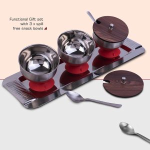 Set of 3 Spill Proof Bowls with Stainless Steel Tray | Wooden Lids & SS Spoons included