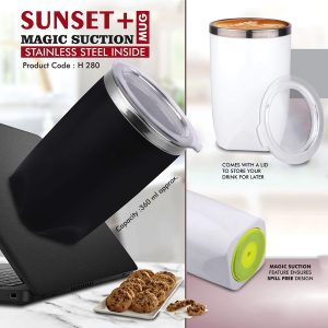 Sunset+ : Magic Suction Mug with Stainless Steel inside | Spill proof design | Leak Proof Lid | BPA Free | Capacity 360 ml approx
