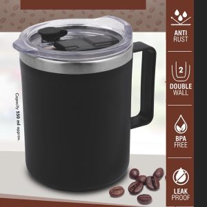 Oscar+: Large Insulated SS coffee mug with handle | Clear cap with Slider Lid | Straw Slot in cap | Capacity 600ml approx
