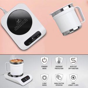 Set of Coffee warmer & SS Mug with Lid | Auto Cut off & Overheat Protection | 2 heat modes