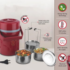 Scarlet Electric Steel Lunch box | 3 SS containers with lifter | Cable compartment in lid