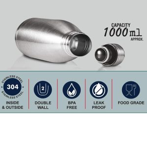 Cola 1000 ml Vacuum flask in Steel Finish | 304 steel inside & outside | 18 hours hot/cold