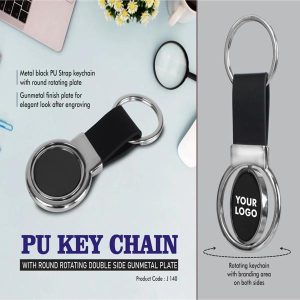 PU Key chain with Round Rotating Double side Gunmetal plate