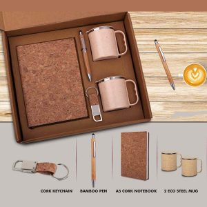 EcoSet 1: Set of A5 Cork notebook, 2 Eco Steel mugs, Bamboo Pen & Cork Keychain in Kraft Gift Box