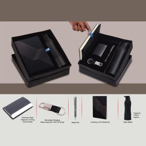 Compact 5 Pc Black Gift Set: A5 Size Notebook, Metal Pen, Metal Pu Keychain, Metal Card Holder & Straight Steel Bottle