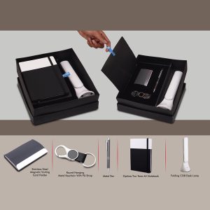 Compact 5 Pc Gift Set: A5 Size Notebook, Metal Pen, Metal Pu Keychain, Metal Card Holder & Folding COB Desk Lamp