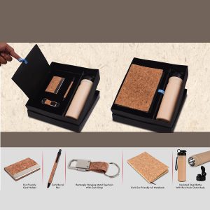 Compact 5 Pc Cork Gift Set: Cork Notebook, Cork Pen, Metal Cork Keychain, Cork Card Holder & Insulated Steel Bottle