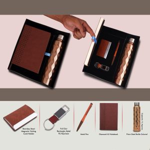 Compact 5 Pc Tan Gift Set: A5 Size Notebook, Metal Pen, Metal Pu Keychain, Metal Card Holder & Prism Steel Bottle