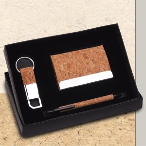 Compact 3 Pc Cork Gift Set: Cork Pen, Metal Cork Keychain & Cork Card Holder