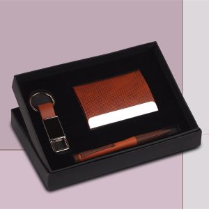 Compact 3 Pc Tan Gift Set: Metal Pen, Metal PU Keychain, & Metal Card Holder