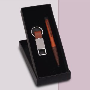 Compact 2 Pc Tan Gift Set: Metal Pen & Metal PU Keychain