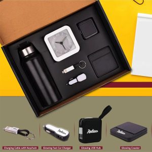 PowerGlow Set Of 6: Steel Water Bottle (750ml), Glowing USB Hub, Charging Cable With Keychain, Glowing Fast Car Charger, Glow Clock, Glowing Coaster