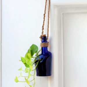 Blue Glass Bottle Hanging Planter