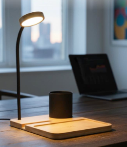 Bamboo LED Lamp with Wireless Charger, Metal Pen holder & Phone stand