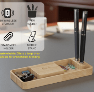 Bamboo Wireless charger with Phone stand & double Pen stand